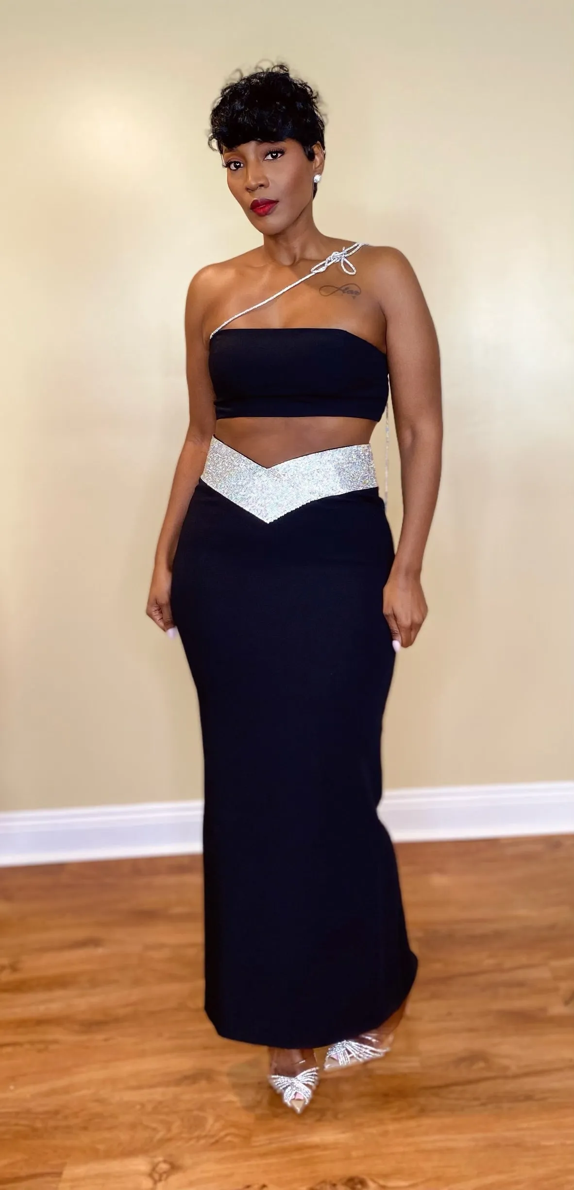 CRYSTAL TRIM SKIRT SET (BLACK)