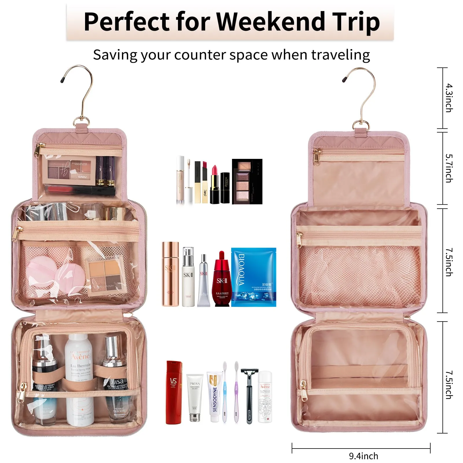 CUBETASTIC Travel Toiletry Bag, Makeup Bag for Women, Small Hanging Travel Bag for Toiletries with 3 Compartment, Portable Cosmetic Organizer Case, Water-resistant, Pink