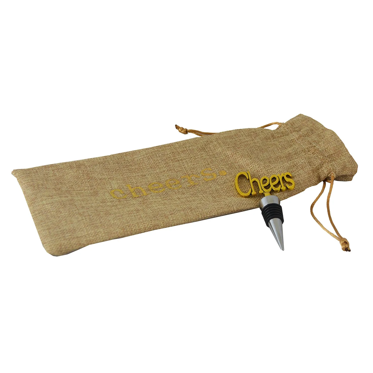 (D) Wine Bottle Stopper with Burlap Bag for Vintage Wedding (Brown Cheers)