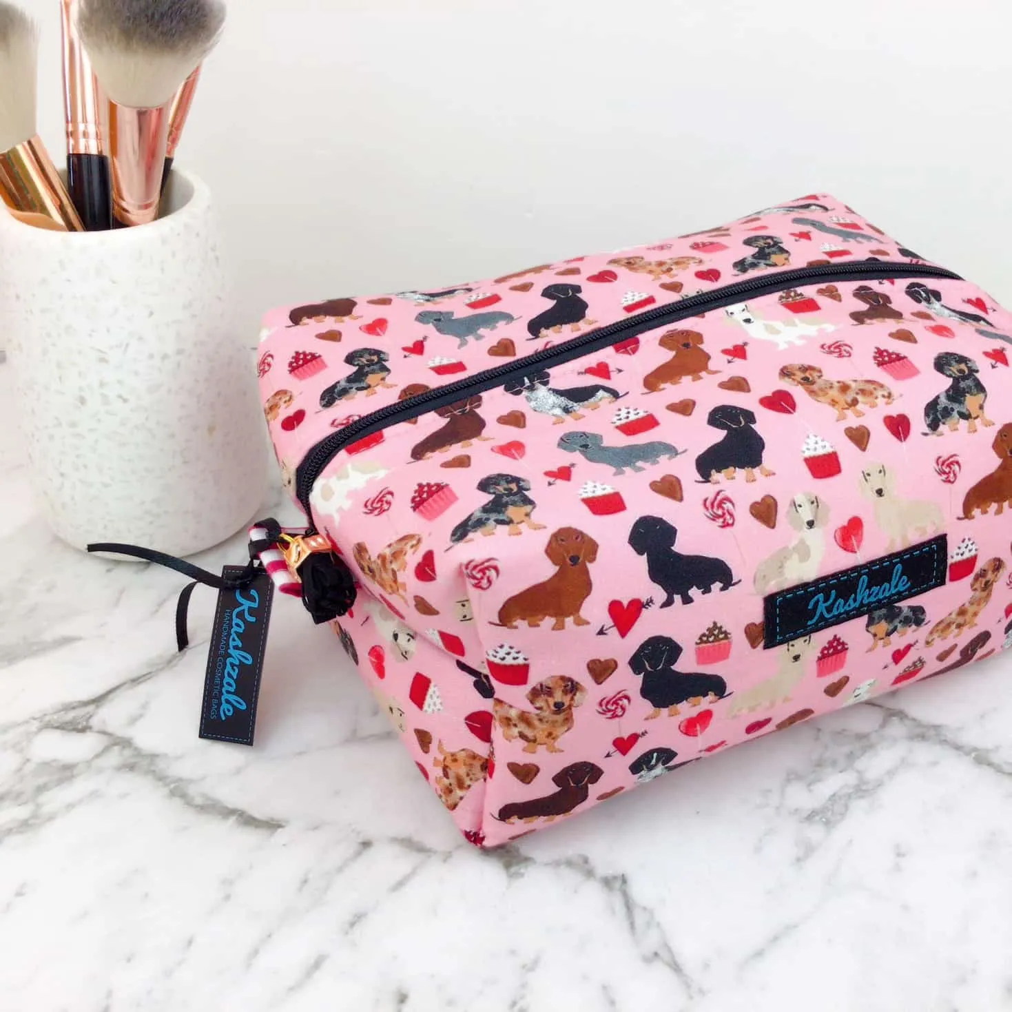 Dachshund Large Box Cosmetic Bag. Pink