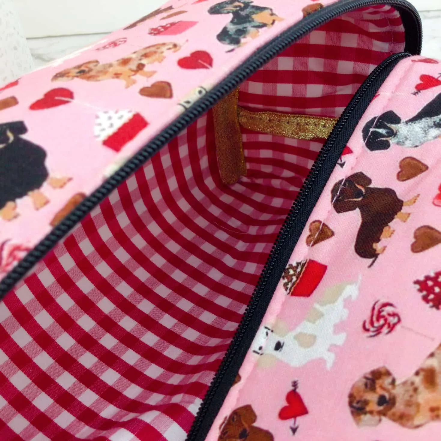 Dachshund Large Box Cosmetic Bag. Pink