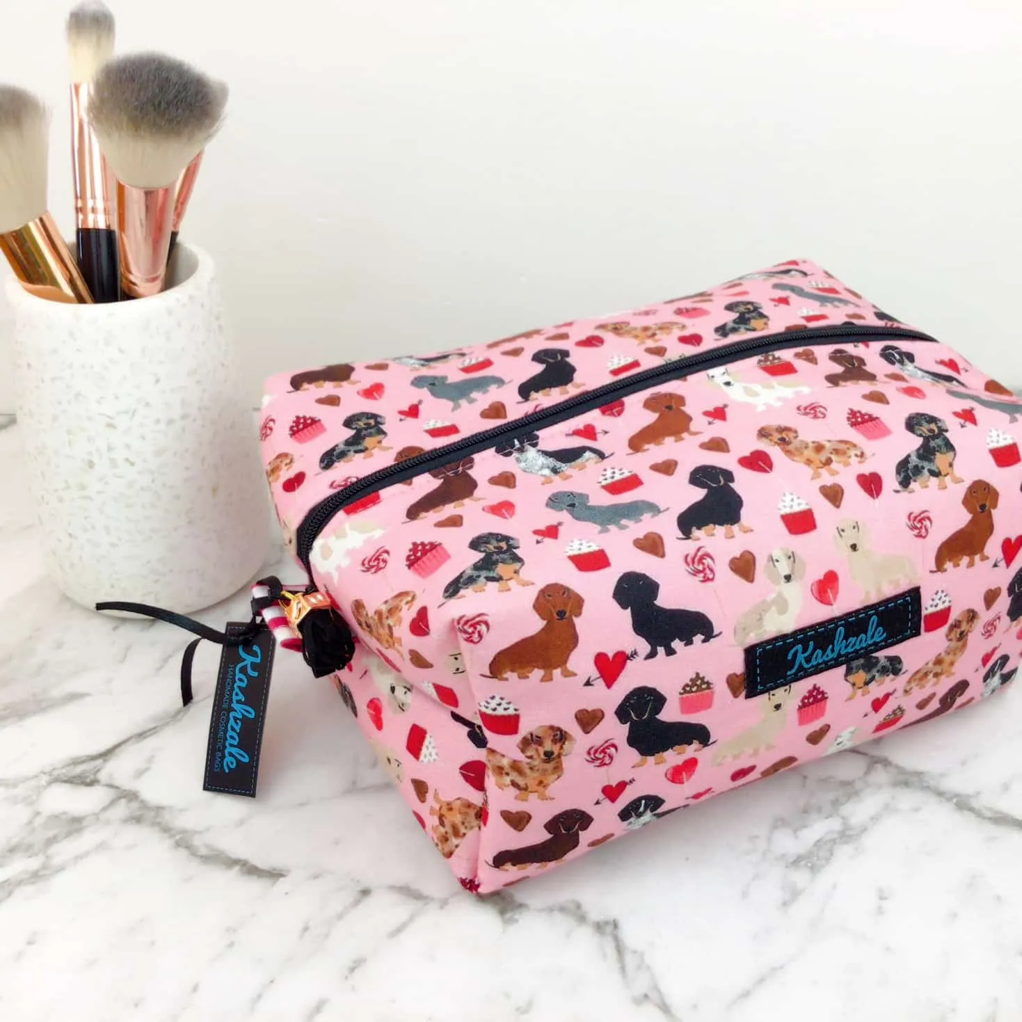 Dachshund Large Box Cosmetic Bag. Pink