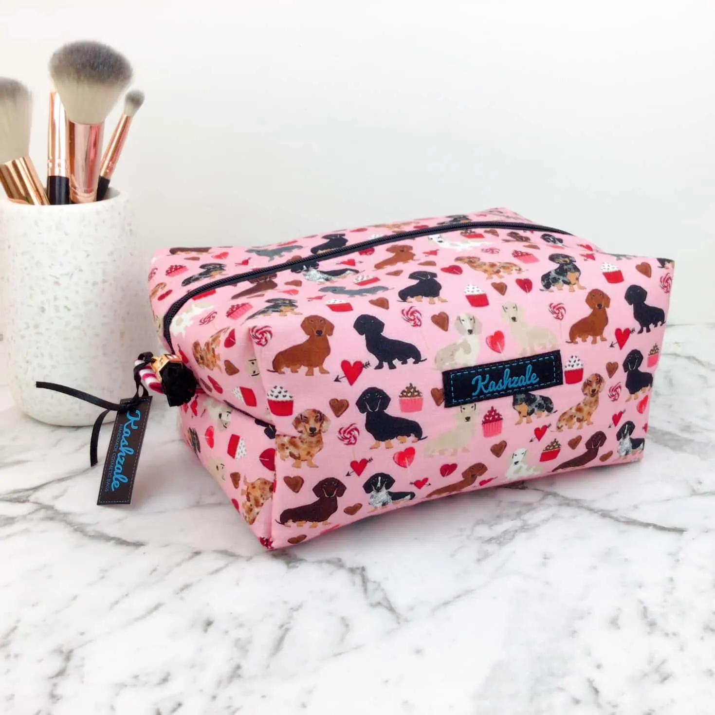 Dachshund Large Box Cosmetic Bag. Pink