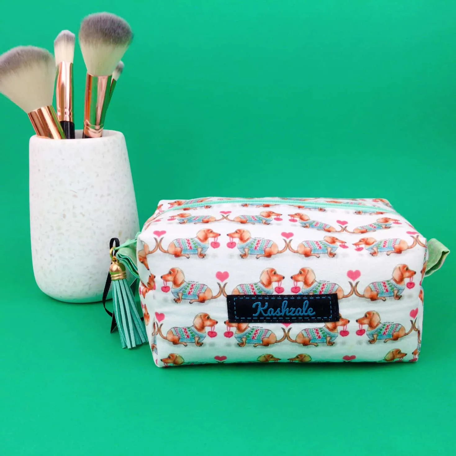 Dachshund Medium Box Makeup Bag. White