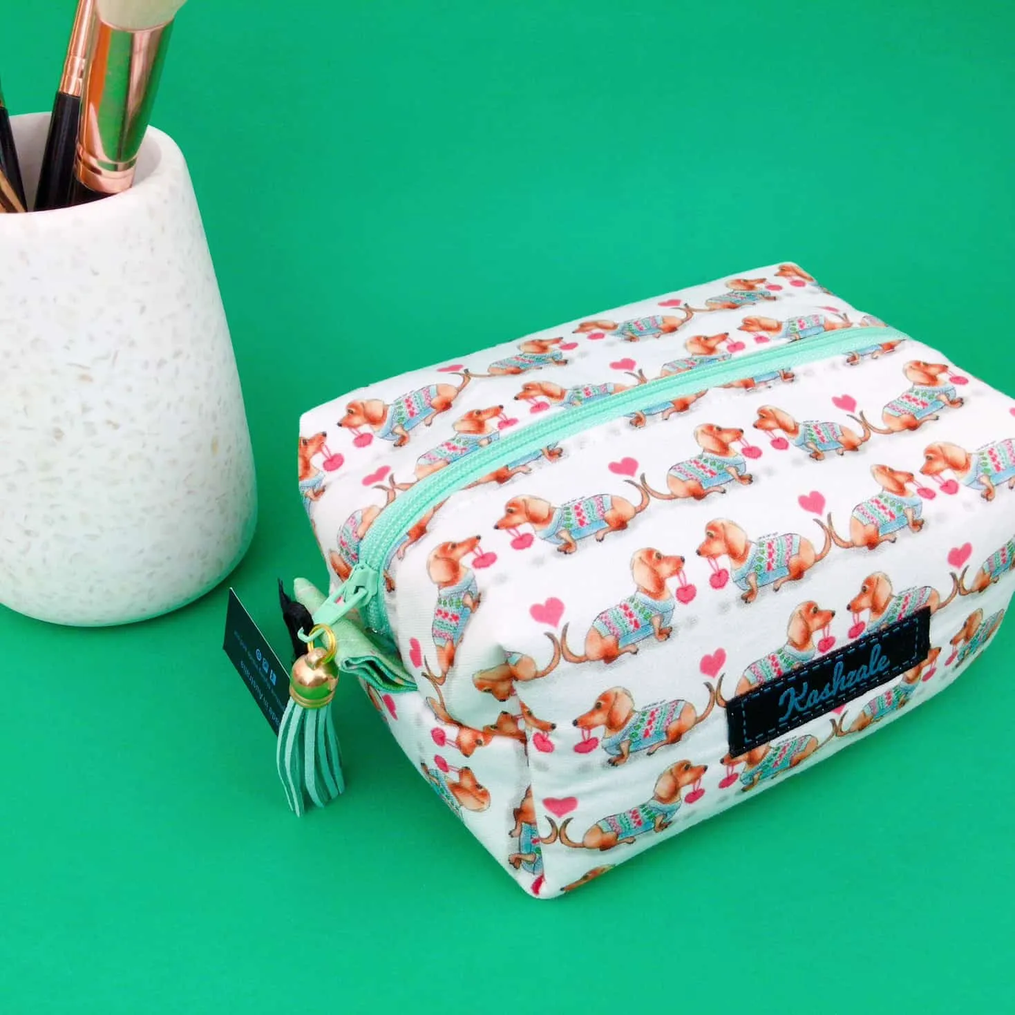 Dachshund Medium Box Makeup Bag. White