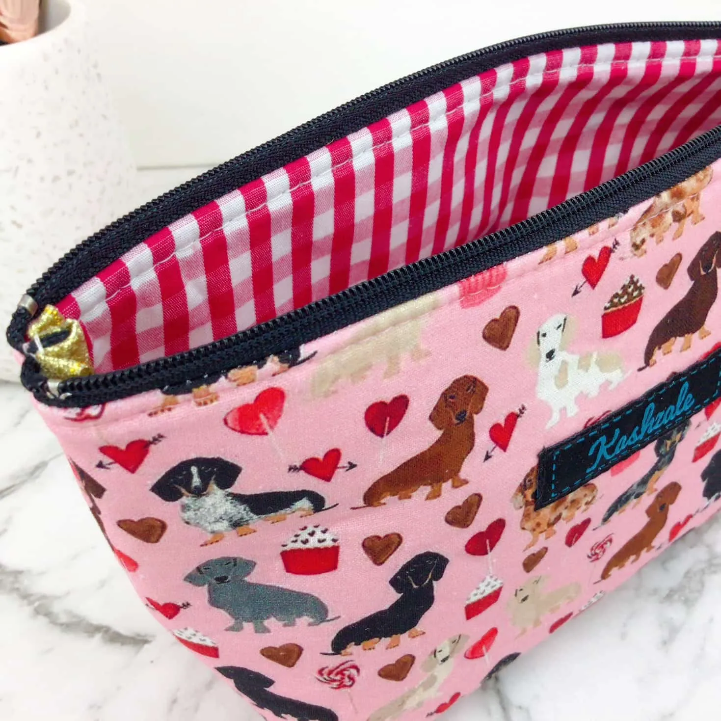Dachshund Medium Cosmetic Bag. Pink