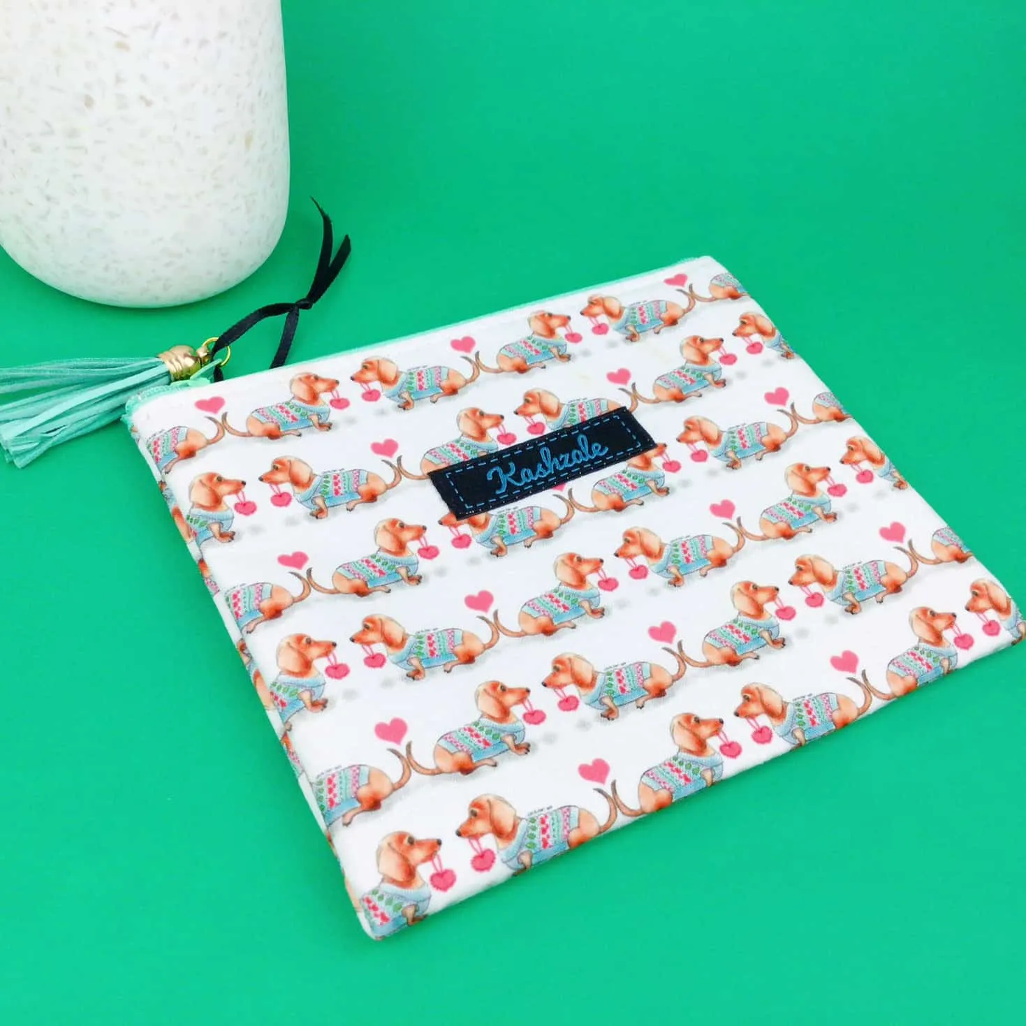 Dachshund Small Clutch, Small makeup bag. White
