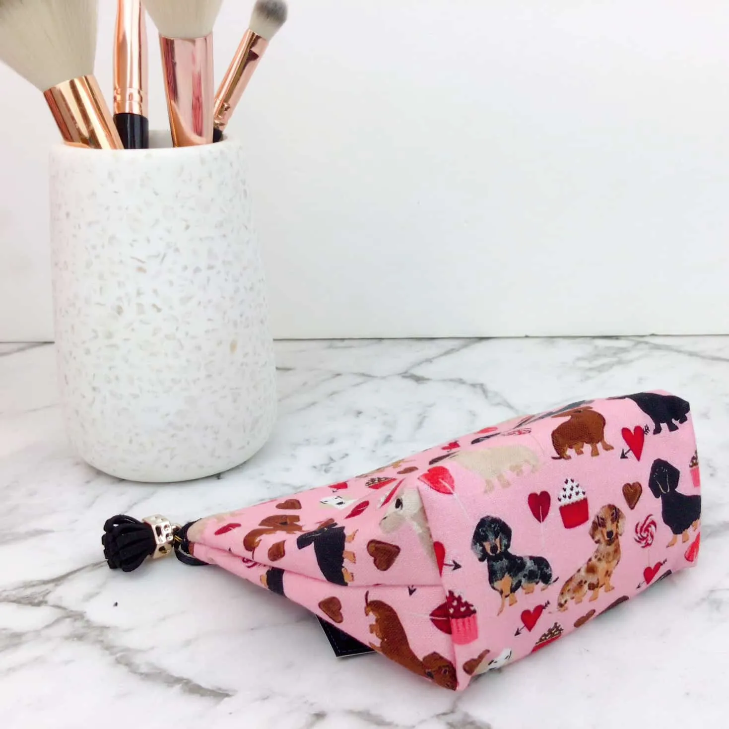 Dachshund Small Makeup Bag. Pink