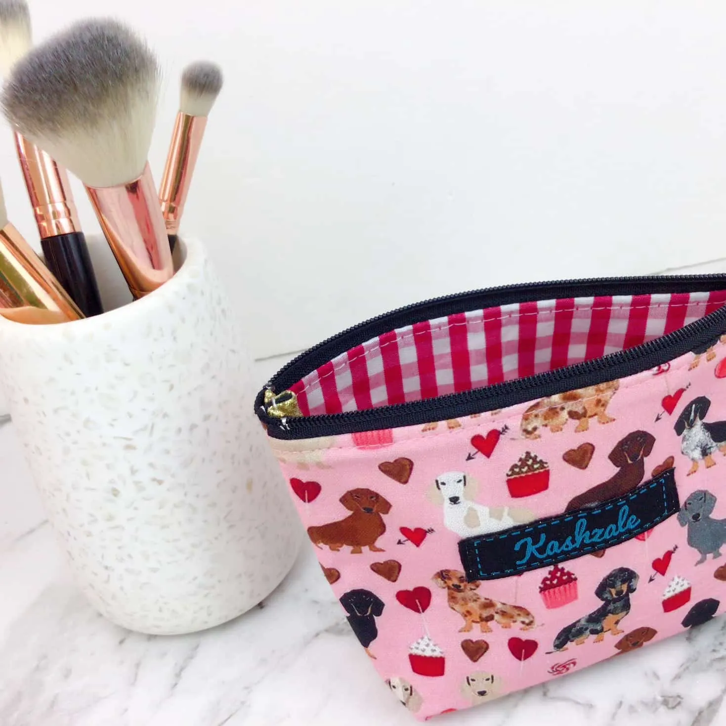 Dachshund Small Makeup Bag. Pink