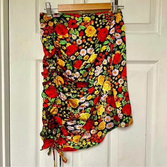 Delfi Silk Floral Skirt with Ruching &amp; Ruffle