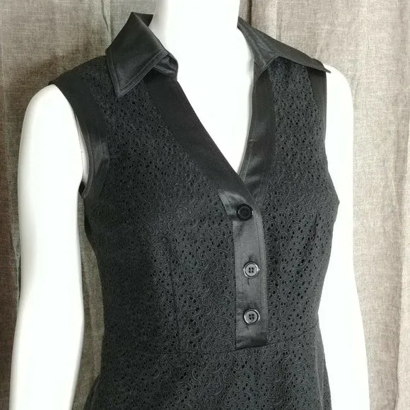 DONNA DEGNAN Dress Black Eyelet Short Sleeve Collared Casual  Size 2
