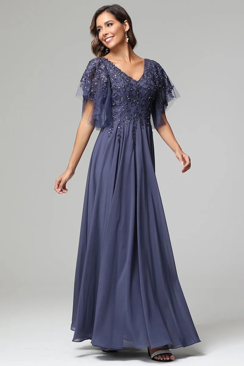 Elegant V-neck Short Sleeves Chiffon Appliqued Mother of the Bride Dresses