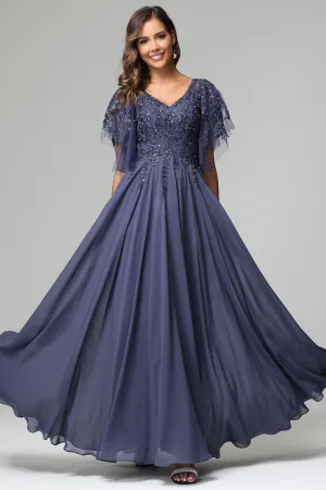 Elegant V-neck Short Sleeves Chiffon Appliqued Mother of the Bride Dresses