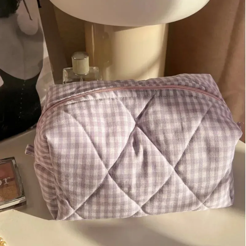 Fashion Checkered Floral Makeup Bag Large Capacity Portable Cosmetic Storage Bag Cotton Quilted Wash Bag Skincare Pouch