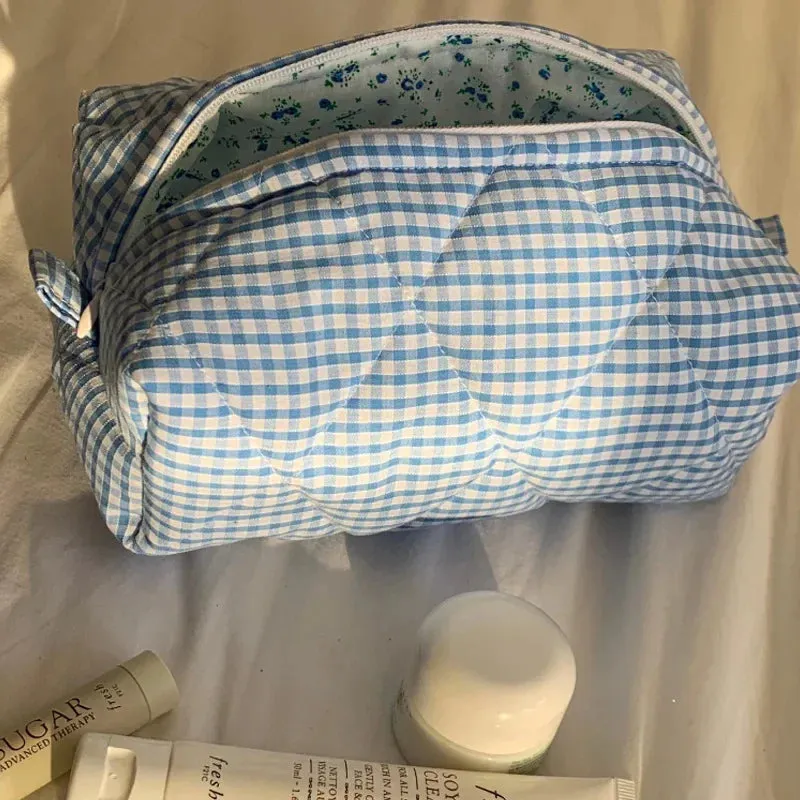 Fashion Checkered Floral Makeup Bag Large Capacity Portable Cosmetic Storage Bag Cotton Quilted Wash Bag Skincare Pouch