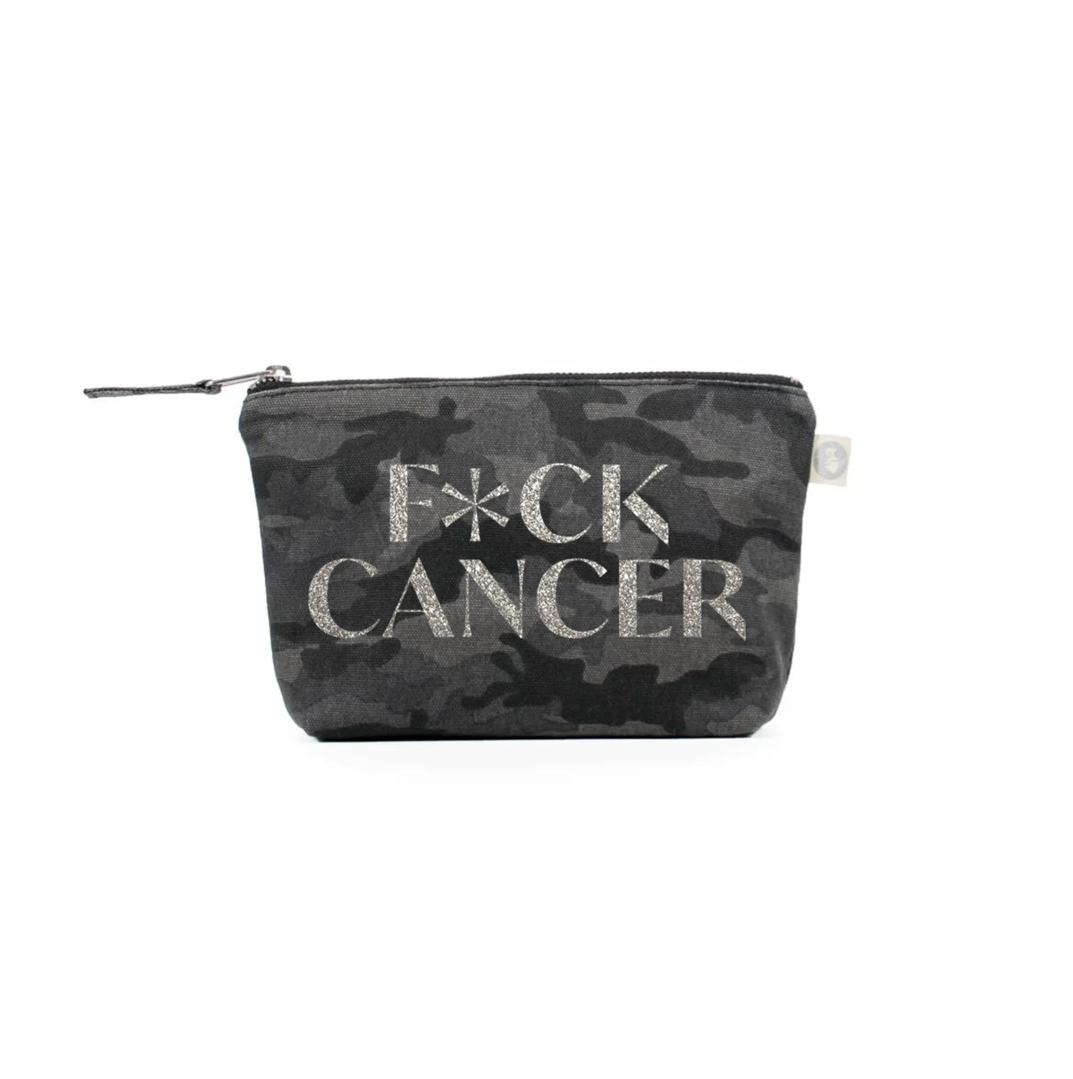 F*CK CANCER Makeup Bag- Silver Glitter on Black Camo