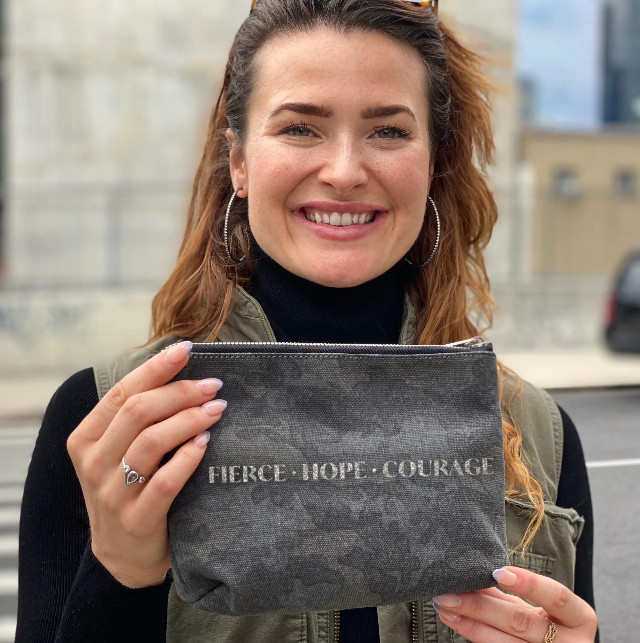 Fierce Hope Courage Makeup Bag- Silver Glitter on Black Camo