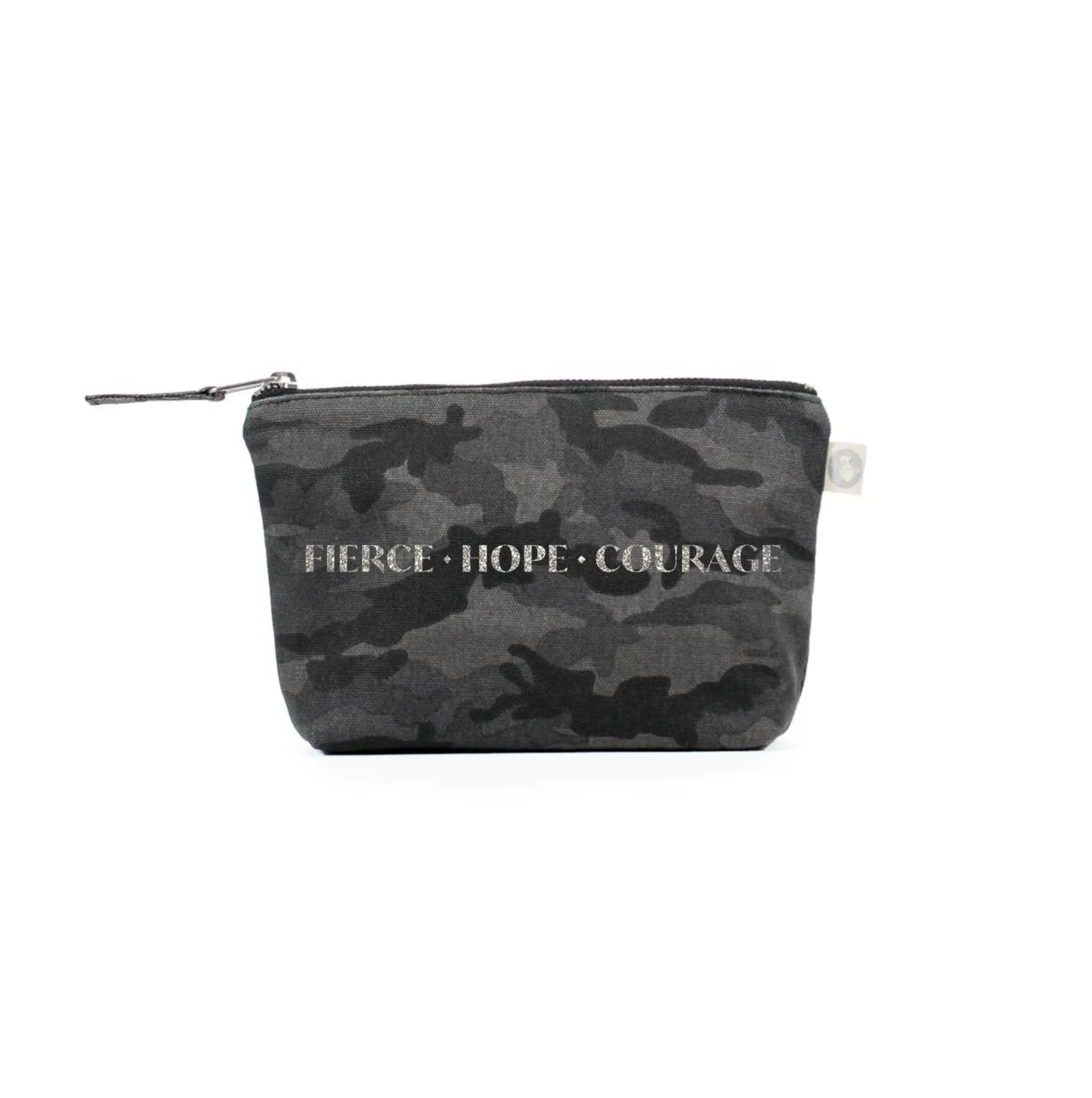 Fierce Hope Courage Makeup Bag- Silver Glitter on Black Camo