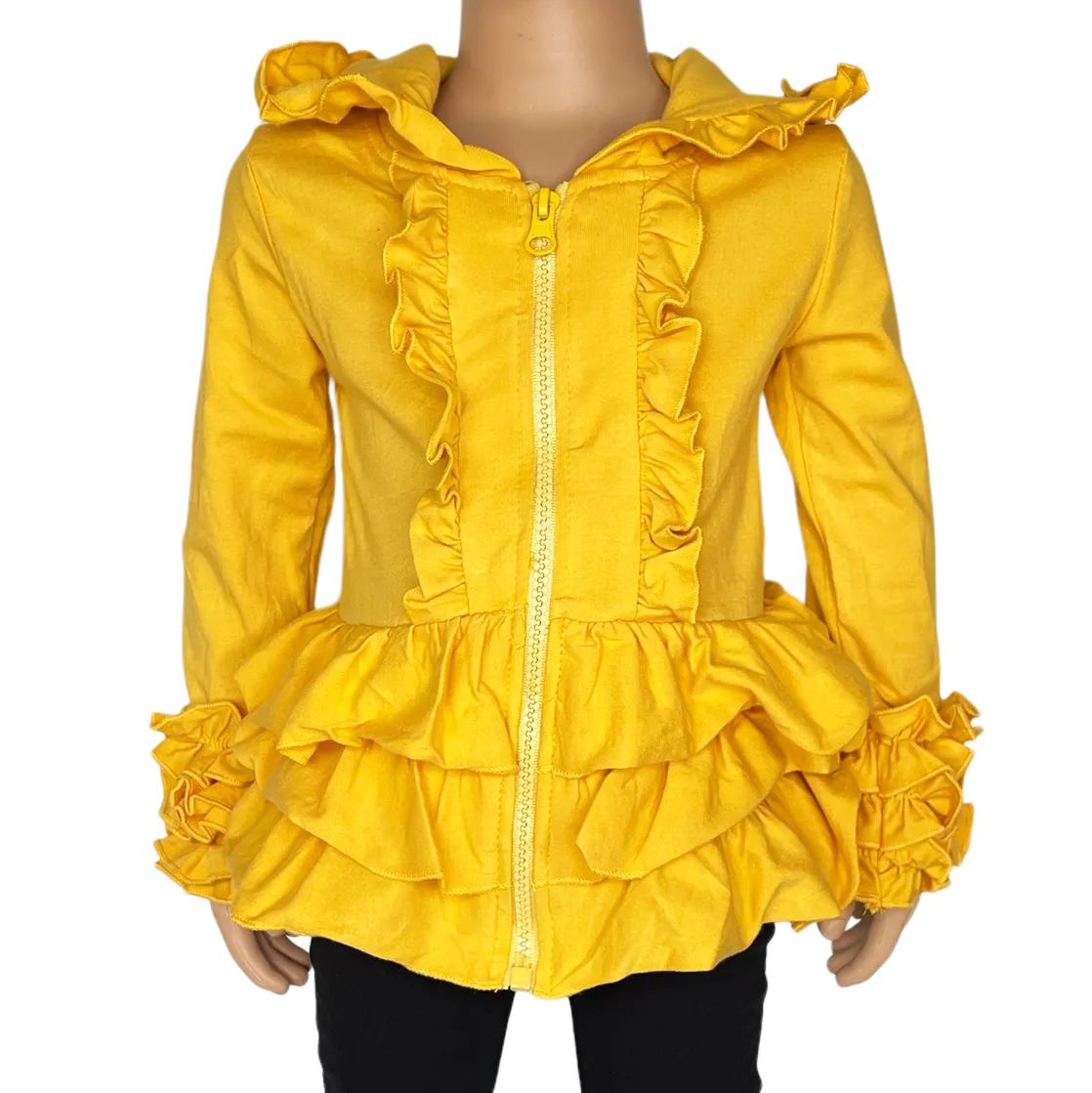 Girls Mustard Yellow Ruffle Hoodie Zipper Jacket Camp School