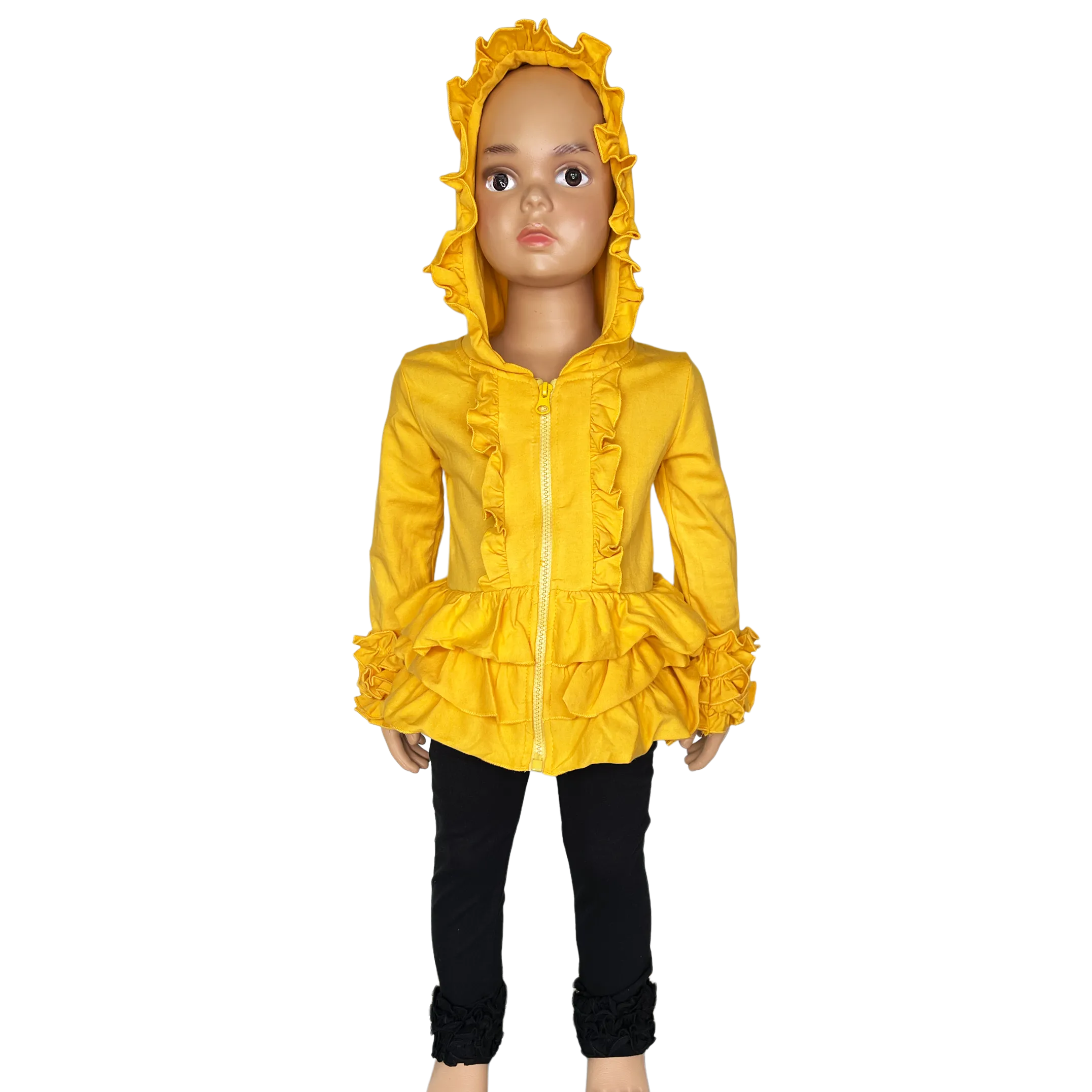 Girls Mustard Yellow Ruffle Hoodie Zipper Jacket Camp School