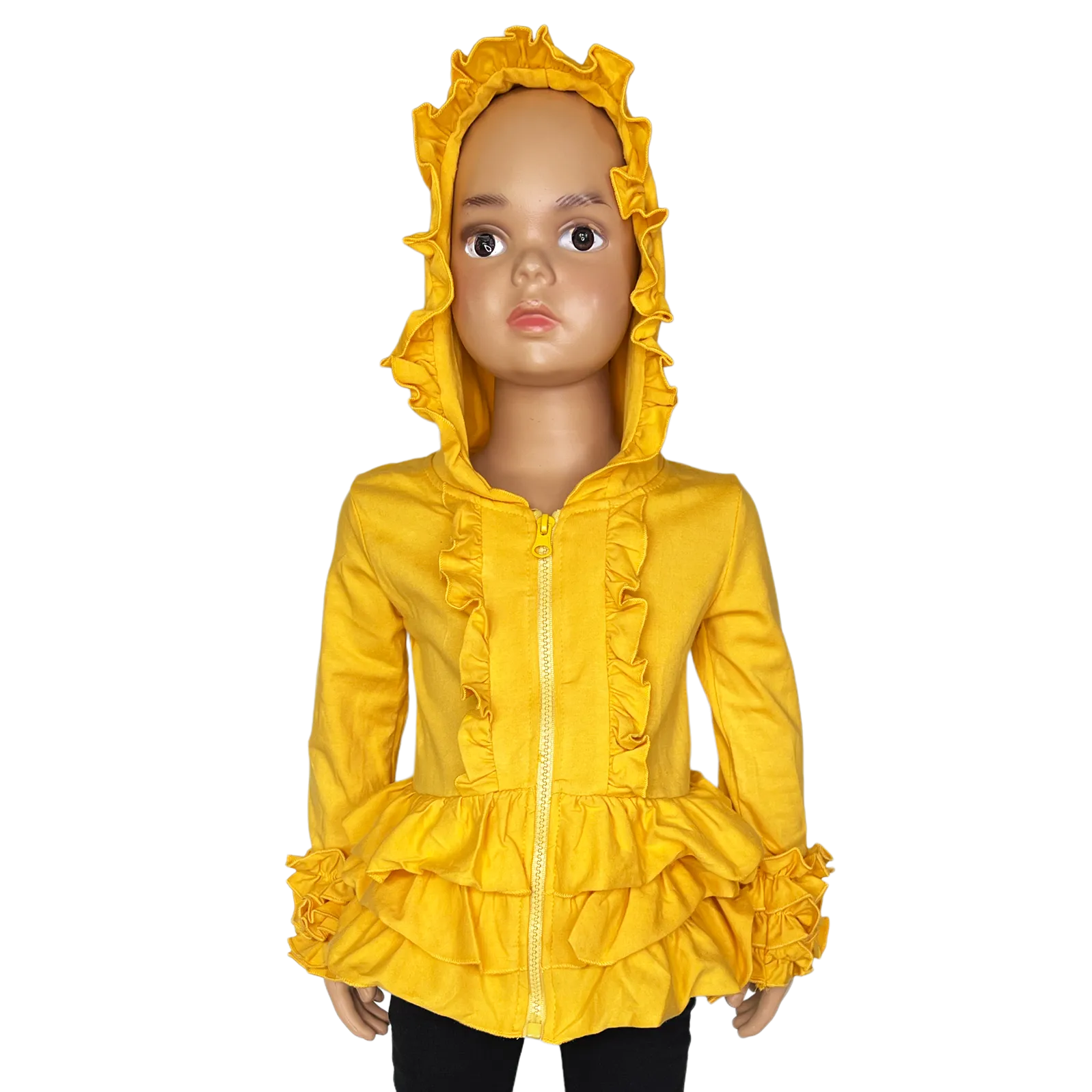 Girls Mustard Yellow Ruffle Hoodie Zipper Jacket Camp School