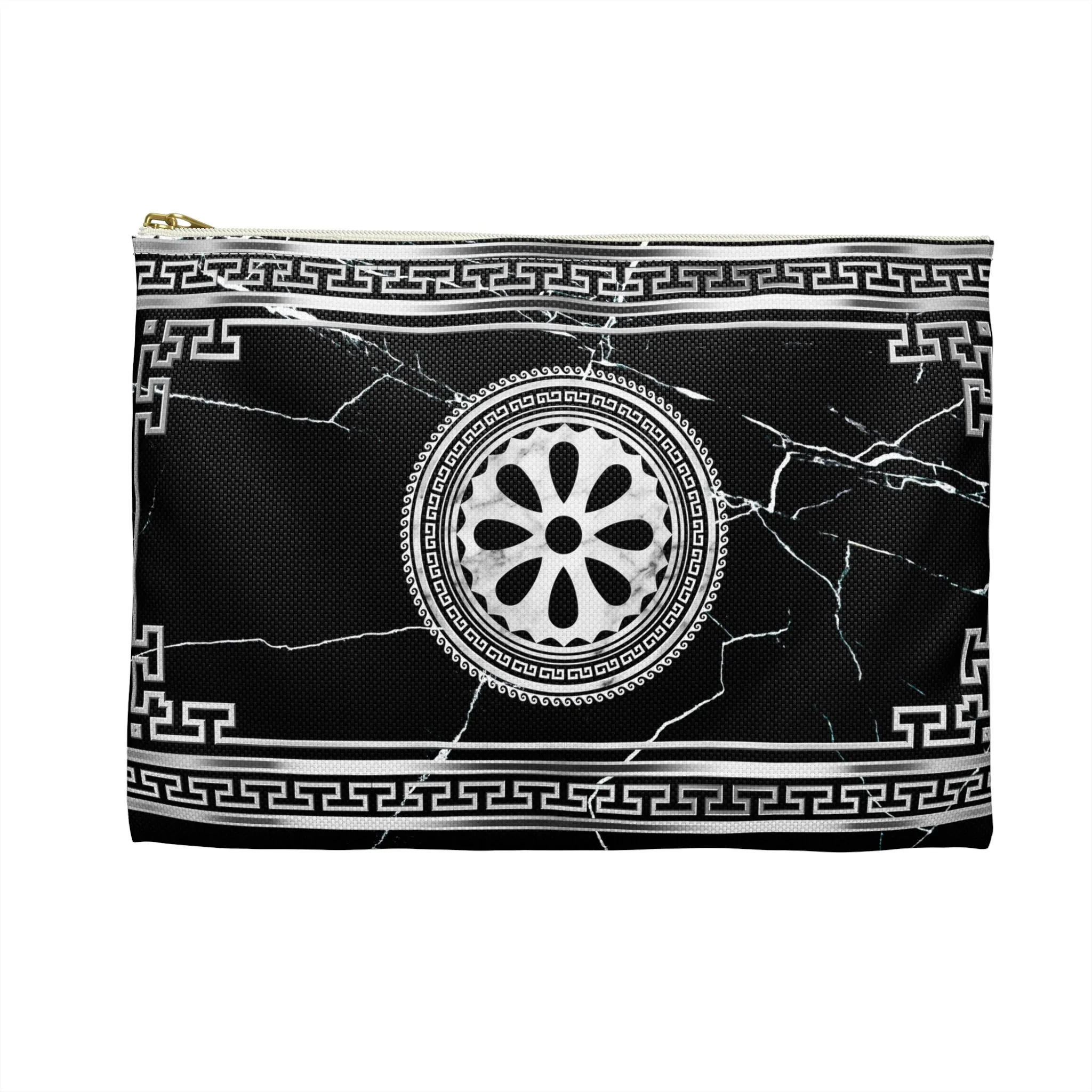 Greek Key Silver Black Marbleized Accessory Pouch