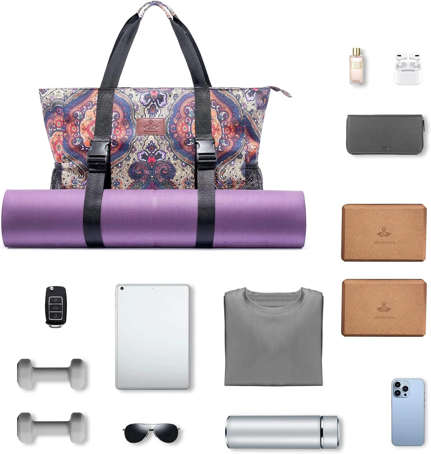 Heathyoga Multi-Functional Yoga Mat Carrier Gym Tote Bag - Large Mat Pocket, Women's Workout Bag