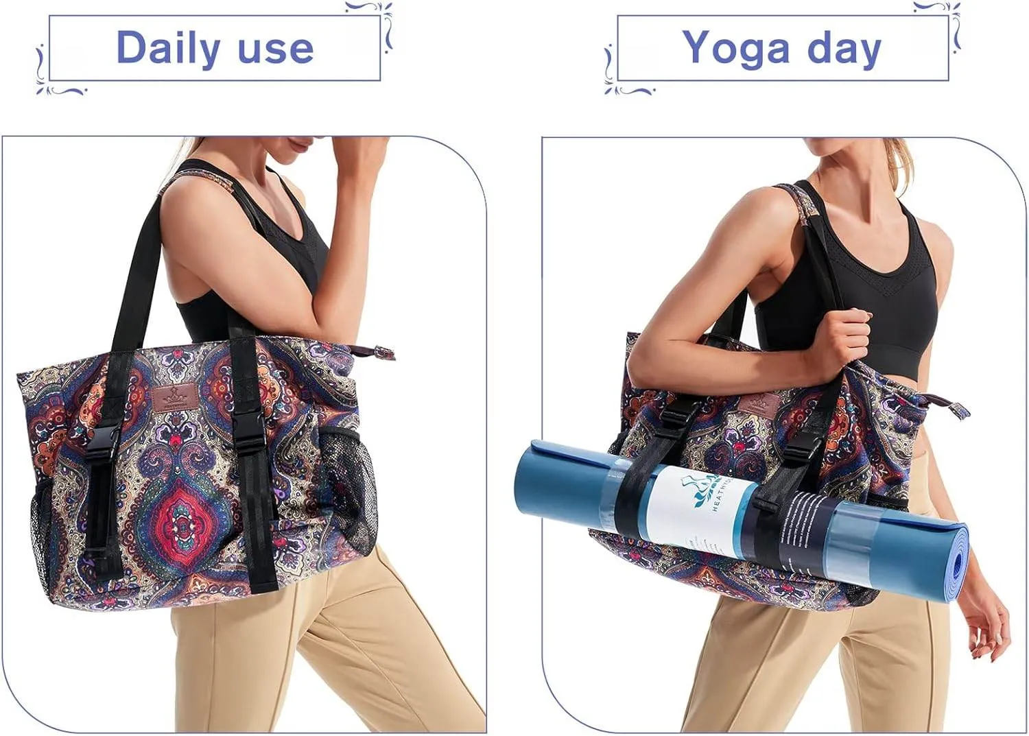 Heathyoga Multi-Functional Yoga Mat Carrier Gym Tote Bag - Large Mat Pocket, Women's Workout Bag