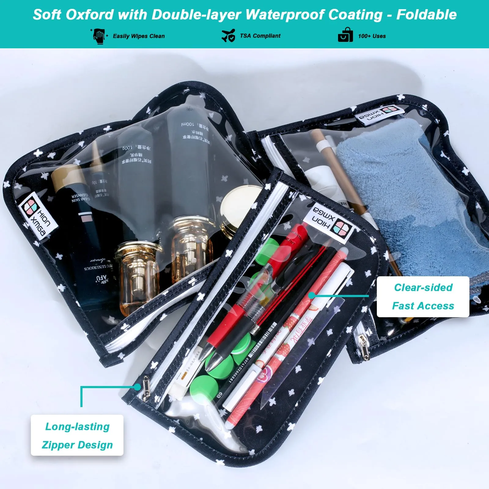 HIONXMGA TSA Approved Toiletry Bag, Set of 3 Clear Travel Toiletry Bag Quart Size Zipper Travel Pouch, Waterproof Makeup Cosmetic Bag for Women Men Kids Toiletries Carry on, Plus