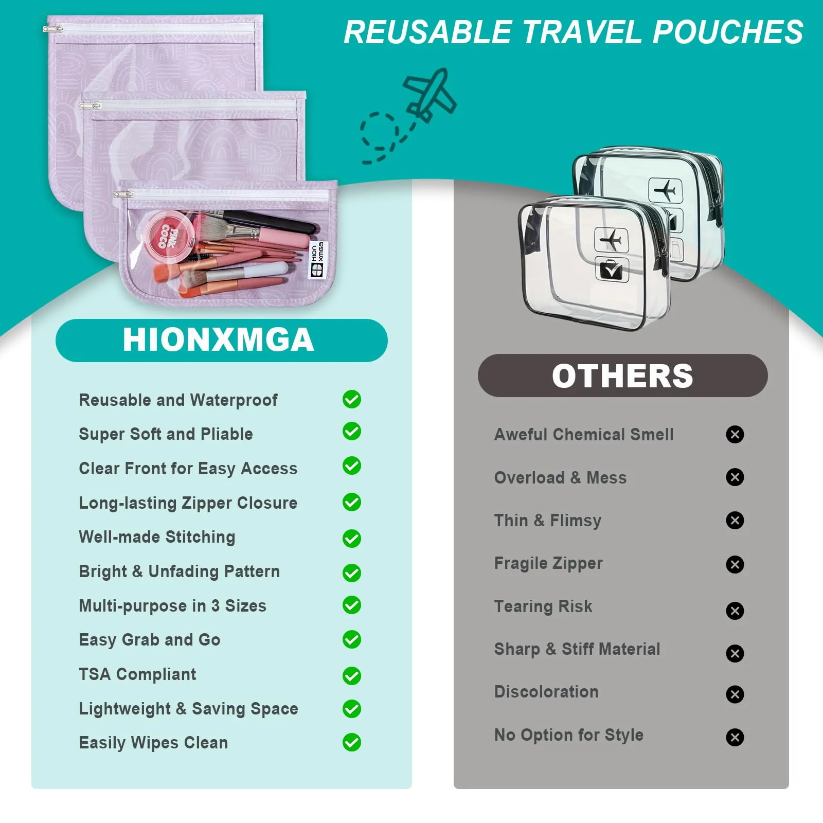 HIONXMGA TSA Approved Toiletry Bag, Set of 3 Clear Travel Toiletry Bag Quart Size Zipper Travel Pouch, Waterproof Makeup Cosmetic Bag for Women Men Kids Toiletries Carry on, Wander