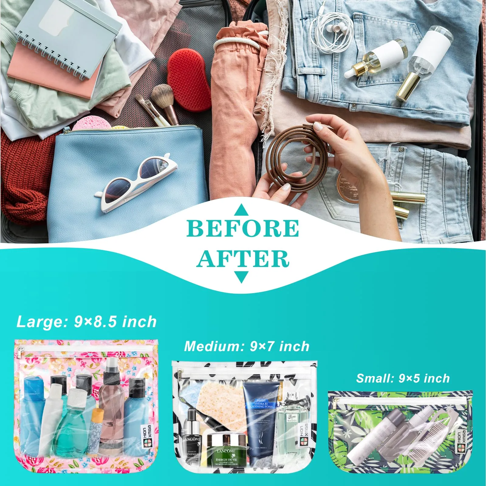 HIONXMGA TSA Approved Toiletry Bag, Set of 3 Clear Travel Toiletry Bag Quart Size Zipper Travel Pouch, Waterproof Makeup Cosmetic Bag for Women Men Kids Toiletries Carry on, Wander