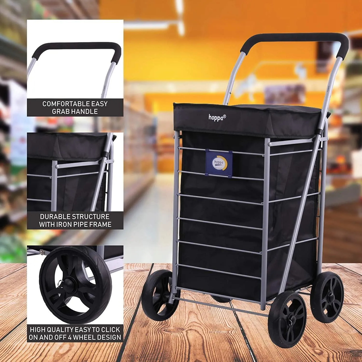 Hoppa Lightweight 4-Wheel Premium 2023 Model Folding Shopping Trolley Extra Large 64L Capacity Shopping Trolley Bag, 95cm, 4.8kg, Push/Pull (Black)