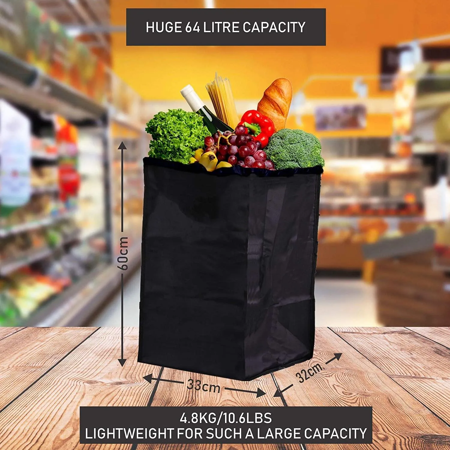 Hoppa Lightweight 4-Wheel Premium 2023 Model Folding Shopping Trolley Extra Large 64L Capacity Shopping Trolley Bag, 95cm, 4.8kg, Push/Pull (Black)
