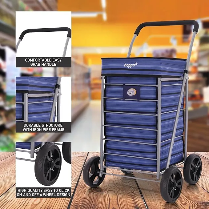 Hoppa Lightweight 4-Wheel Premium 2023 Model Folding Shopping Trolley Extra Large 64L Capacity Shopping Trolley Bag, 95cm, 4.8kg, Push/Pull (Black)