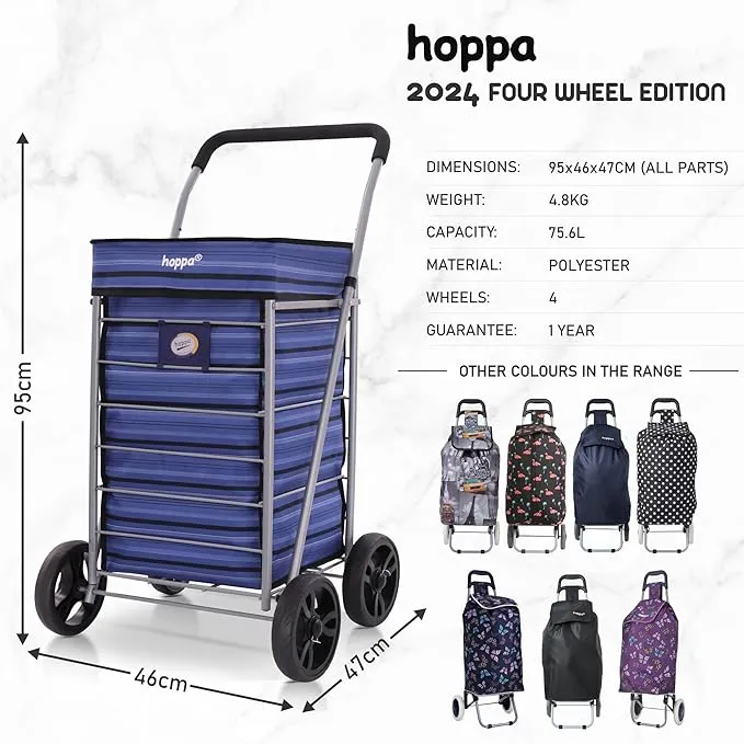 Hoppa Lightweight 4-Wheel Premium 2023 Model Folding Shopping Trolley Extra Large 64L Capacity Shopping Trolley Bag, 95cm, 4.8kg, Push/Pull (Black)