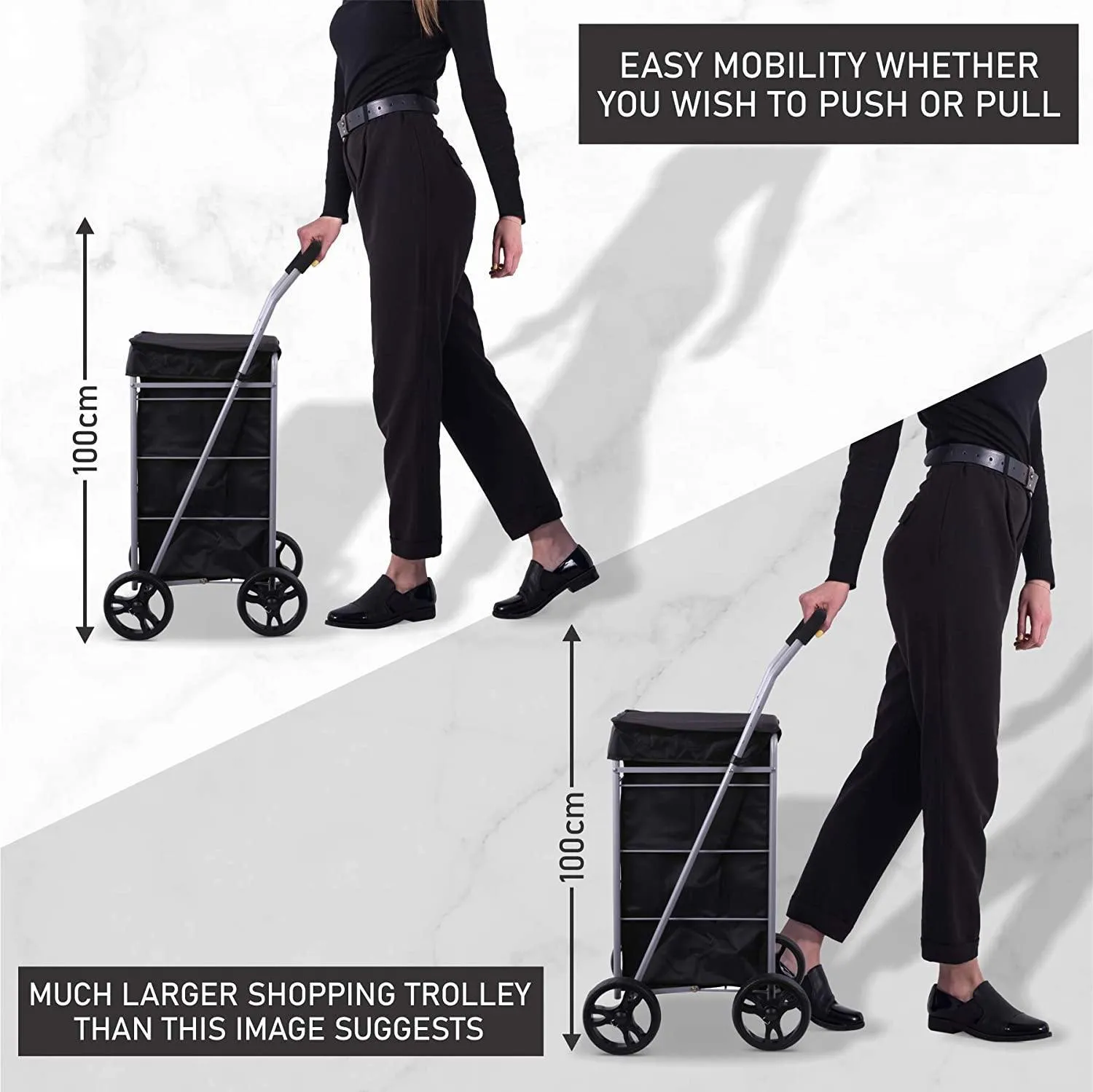 Hoppa Lightweight 4-Wheel Premium 2023 Model Folding Shopping Trolley Extra Large 64L Capacity Shopping Trolley Bag, 95cm, 4.8kg, Push/Pull (Black)
