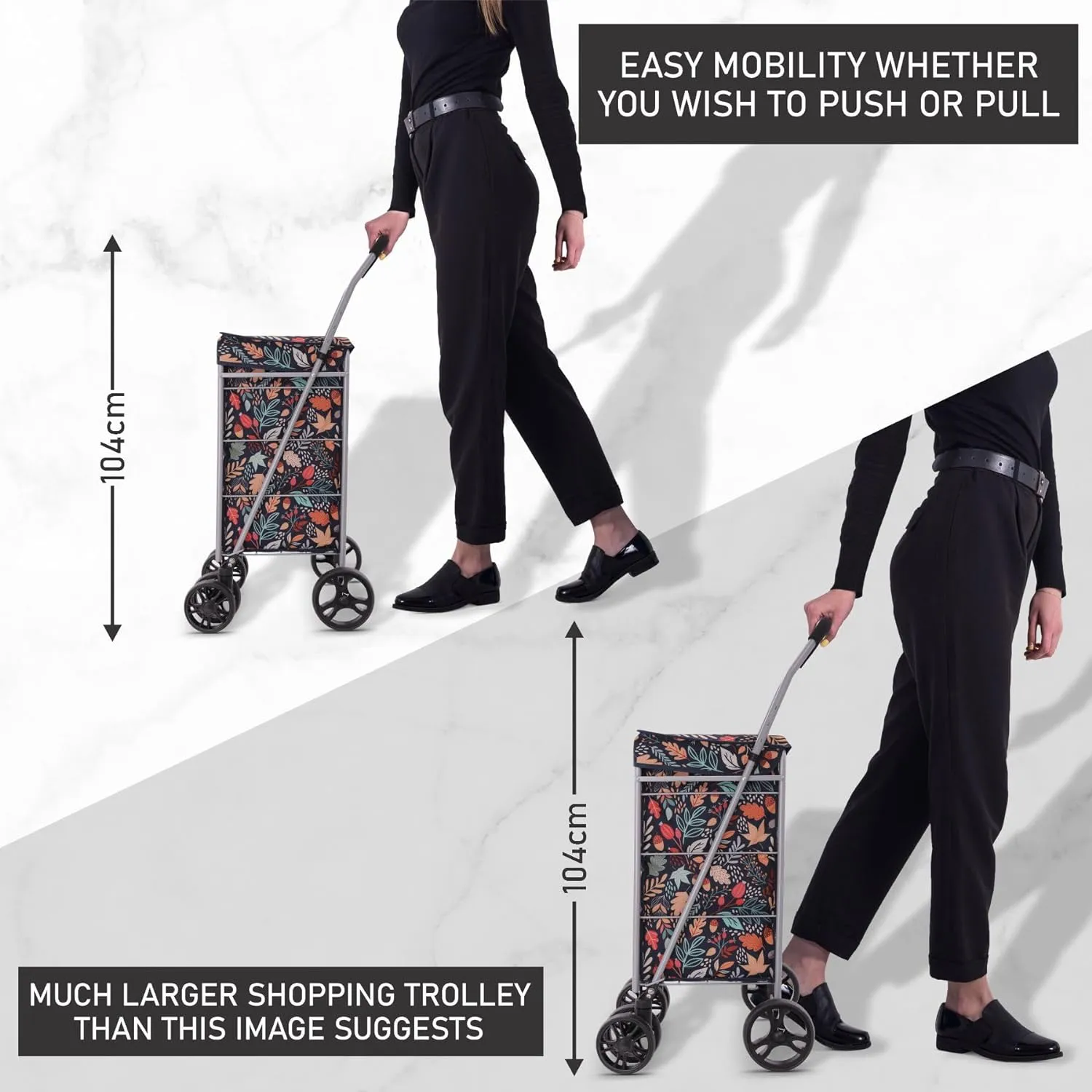 Hoppa Lightweight 6-Wheel Premium 2024 Model Folding Shopping Trolley Extra Large 75.6L Capacity Shopping Trolley Bag, 95cm, 5.25kg, Push/Pull (Black)