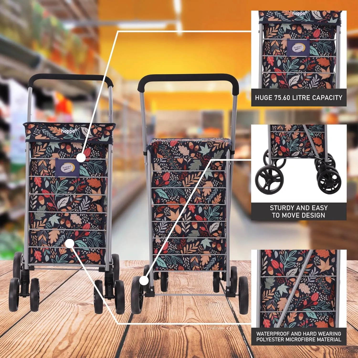 Hoppa Lightweight 6-Wheel Premium 2024 Model Folding Shopping Trolley Extra Large 75.6L Capacity Shopping Trolley Bag, 95cm, 5.25kg, Push/Pull (Black)