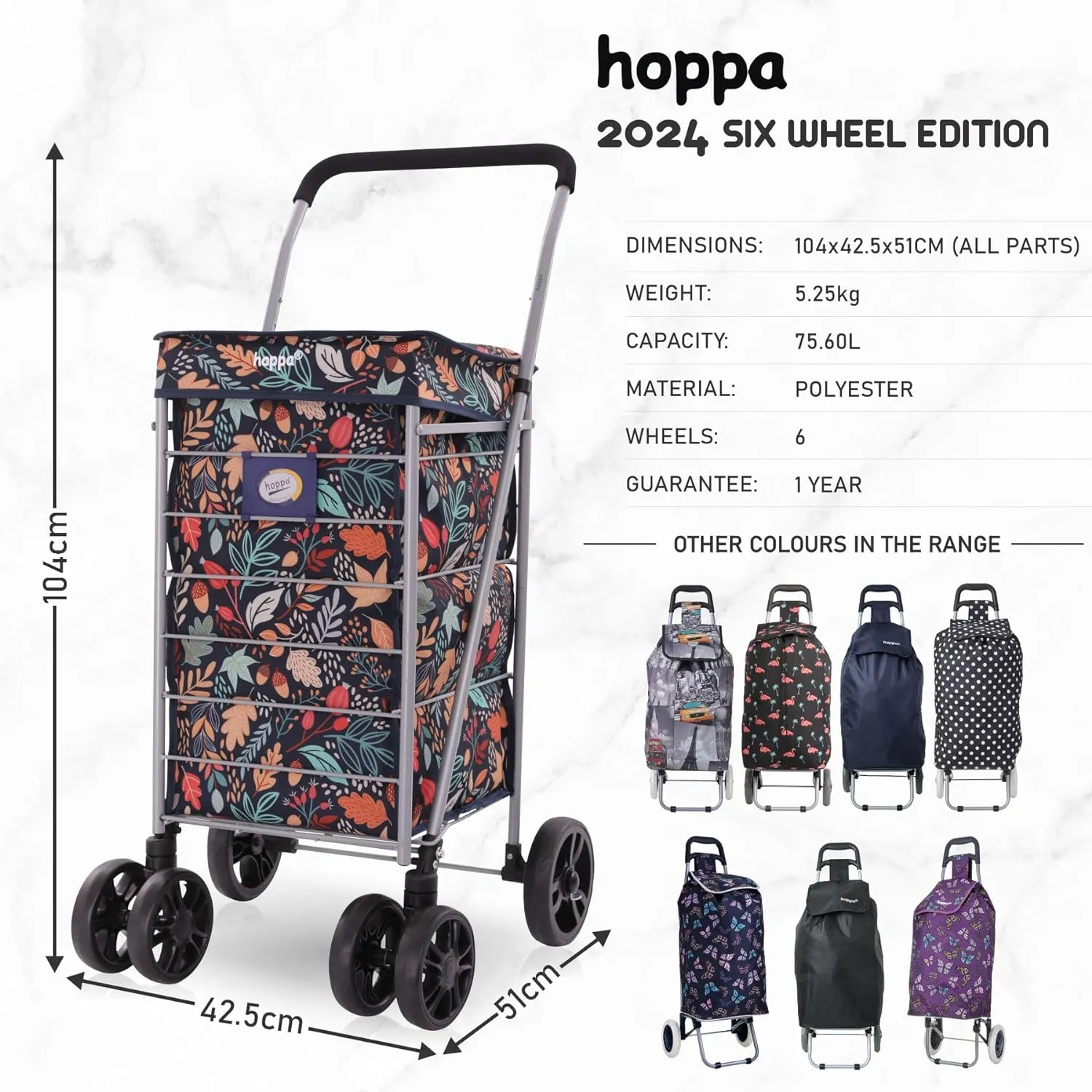 Hoppa Lightweight 6-Wheel Premium 2024 Model Folding Shopping Trolley Extra Large 75.6L Capacity Shopping Trolley Bag, 95cm, 5.25kg, Push/Pull (Black)
