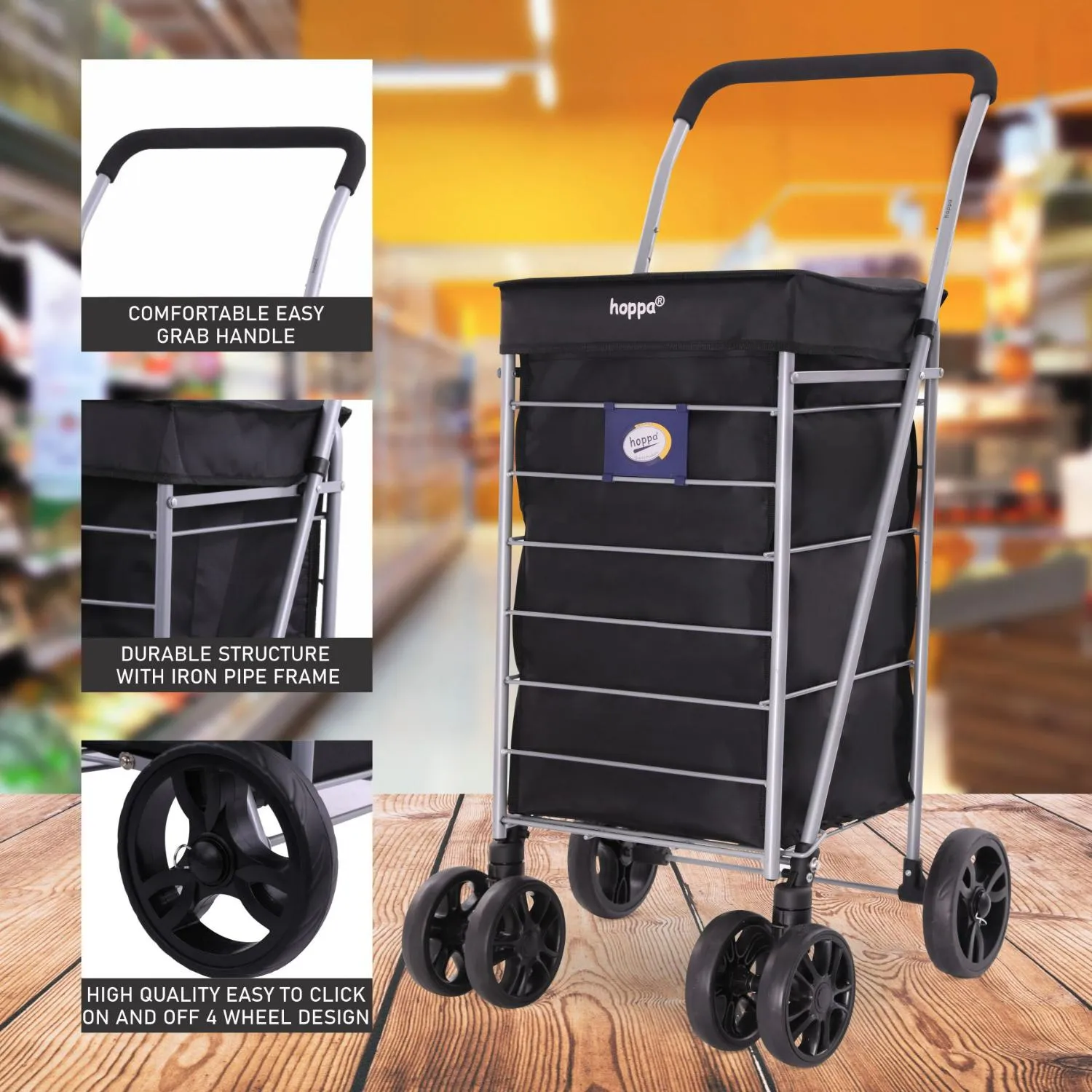 Hoppa Lightweight 6-Wheel Premium 2024 Model Folding Shopping Trolley Extra Large 75.6L Capacity Shopping Trolley Bag, 95cm, 5.25kg, Push/Pull (Black)