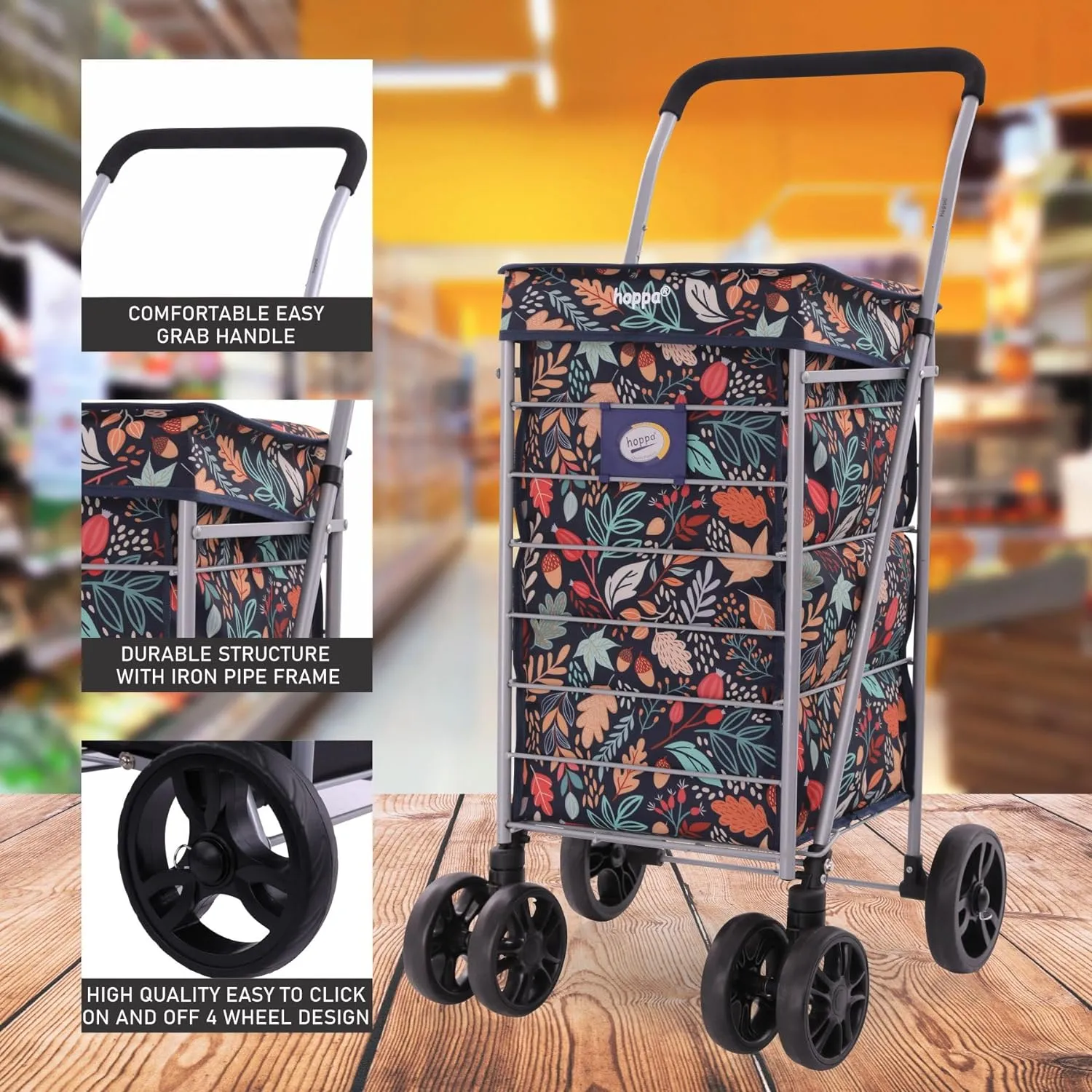 Hoppa Lightweight 6-Wheel Premium 2024 Model Folding Shopping Trolley Extra Large 75.6L Capacity Shopping Trolley Bag, 95cm, 5.25kg, Push/Pull (Black)