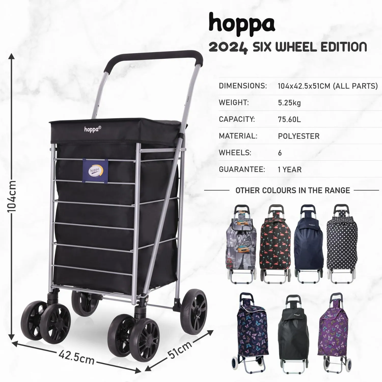 Hoppa Lightweight 6-Wheel Premium 2024 Model Folding Shopping Trolley Extra Large 75.6L Capacity Shopping Trolley Bag, 95cm, 5.25kg, Push/Pull (Black)