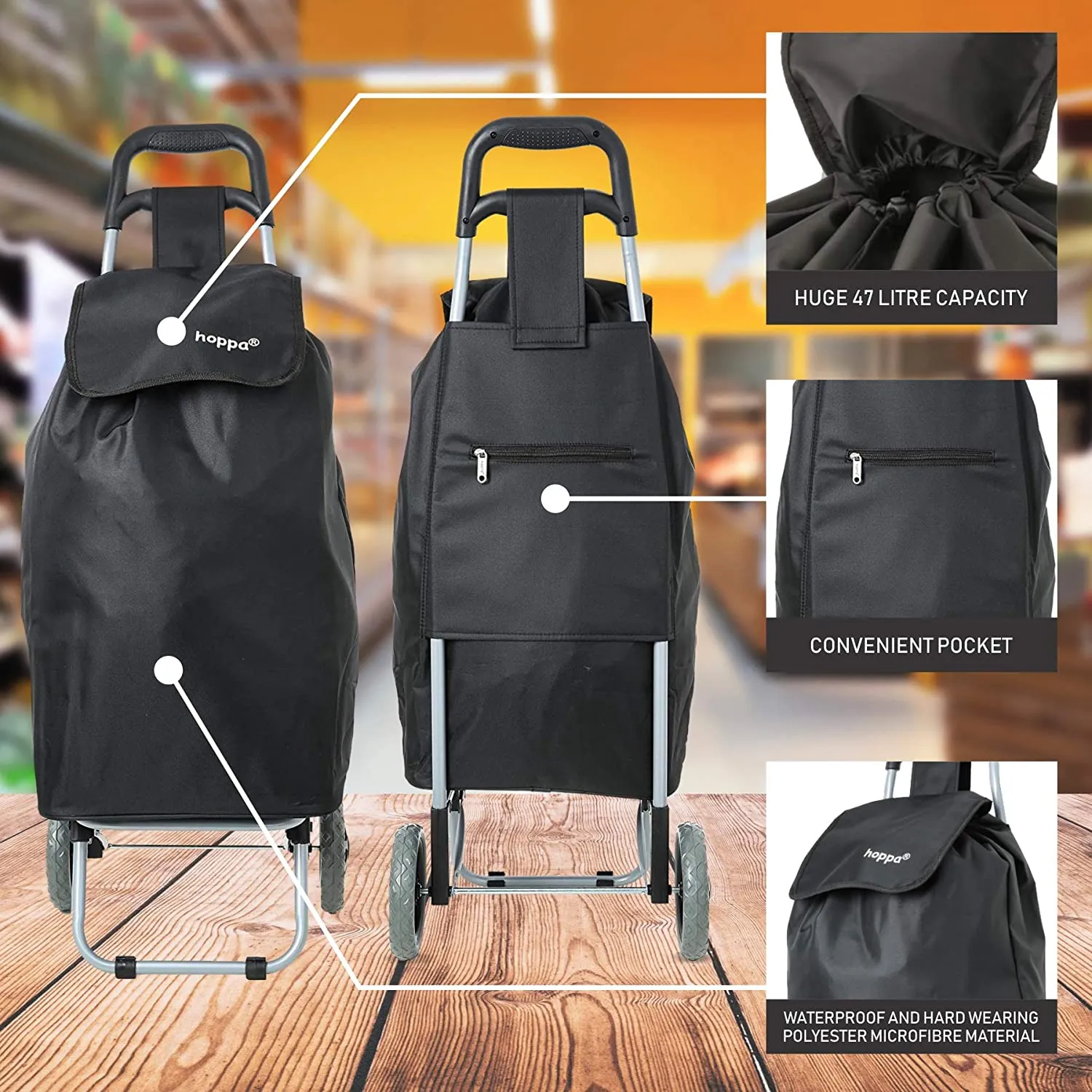 Hoppa Lightweight Shopping Trolley 2023 Model Folding 2 Wheel Large Capacity Shopper, 47 Litre