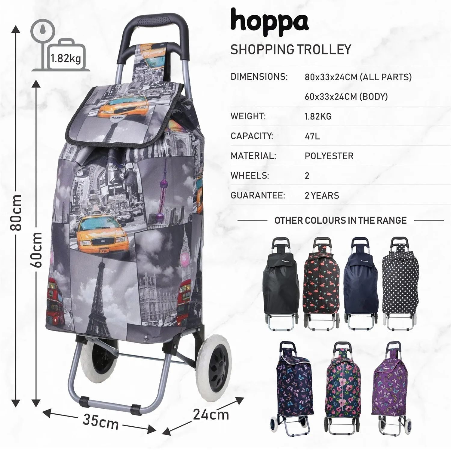 Hoppa Lightweight Shopping Trolley 2023 Model Folding 2 Wheel Large Capacity Shopper, 47 Litre