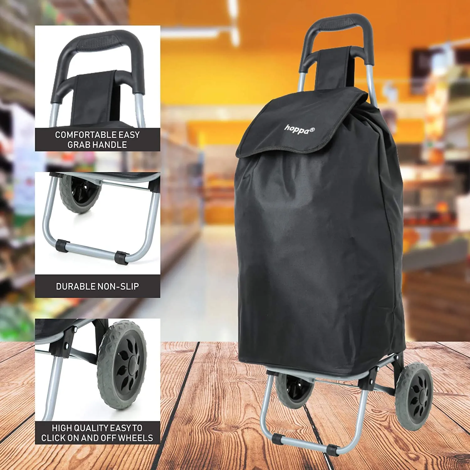 Hoppa Lightweight Shopping Trolley 2023 Model Folding 2 Wheel Large Capacity Shopper, 47 Litre