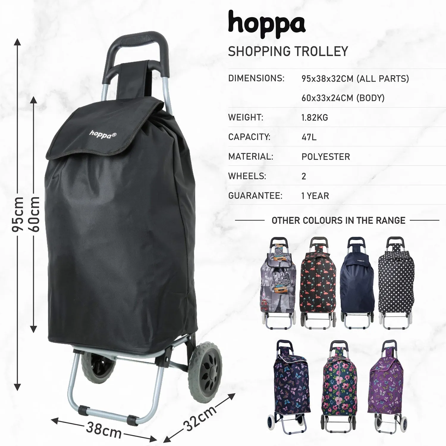 Hoppa Lightweight Shopping Trolley 2023 Model Folding 2 Wheel Large Capacity Shopper, 47 Litre