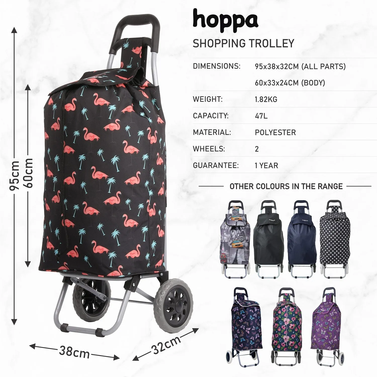 Hoppa Lightweight Shopping Trolley 2023 Model Folding 2 Wheel Large Capacity Shopper, 47 Litre
