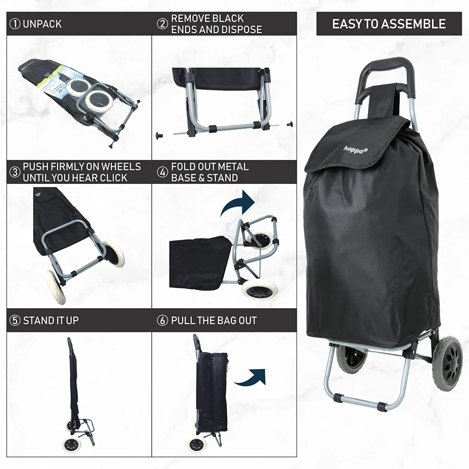 Hoppa Lightweight Shopping Trolley 2023 Model Folding 2 Wheel Large Capacity Shopper, 47 Litre