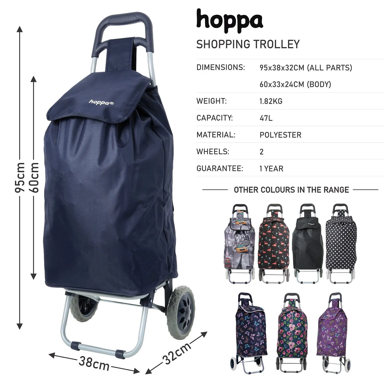 Hoppa Lightweight Shopping Trolley 2023 Model Folding 2 Wheel Large Capacity Shopper, 47 Litre