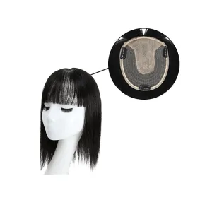 Human Hair Topper With Bangs For Thinning Hair Natural Black 13*15cm Silk Base